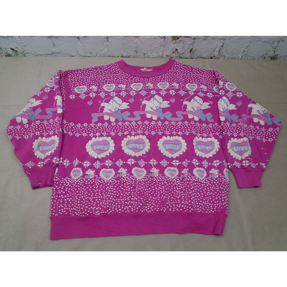 Unbranded Sweaters - Vintage 80s Grandma Sweater Puffy Print Hearts Teddy Bear Cherub Valentines L